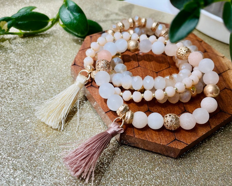Set of 4 strand layering crystal natural rose quartz stone beaded bracelet. Boho Gold subtle disk beads bracelet.Hippie tassel bracelet image 3