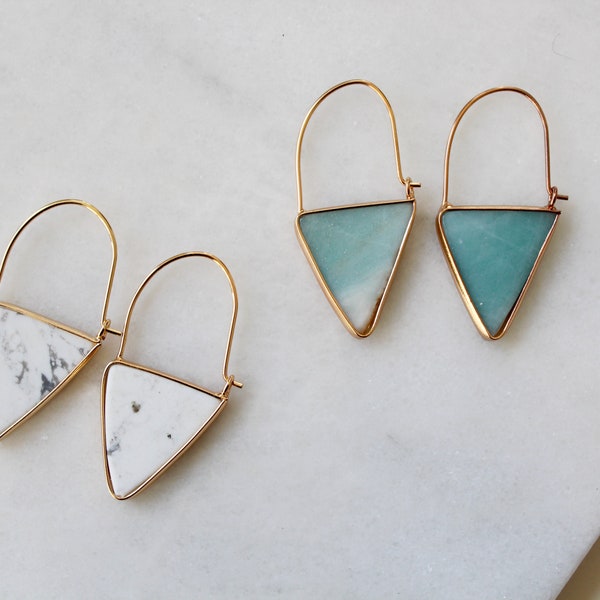 natural stone, triangle hoop earring. Marble triangle earring. Triangle turquoise hoop earring.boho earring
