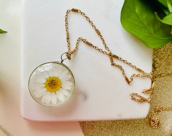Gold Pressed Flower Necklace | Dried Wild Flower Jewelry | Real Flower Pendant Necklace | Daisy Necklace | Bridesmaid Jewelry