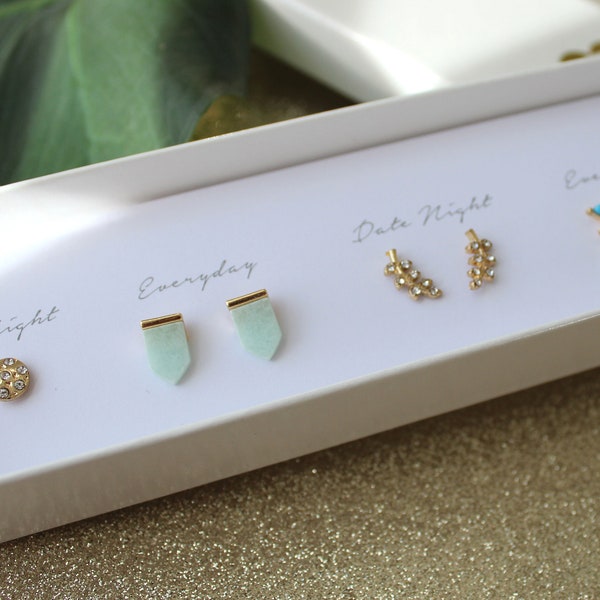 Gold Plated Earring Set, Dainty Gemstone Studs, Boxed Gift (5 Pairs)