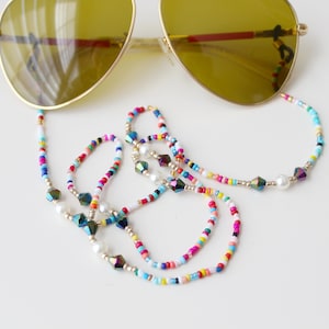 Ethnic rainbow beads and rhinestone glasses, mask chain. Boho multi beads sunglasses, mask chain. Ethnic beaded glasses chain.