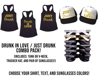 Ultimate Drunk in Love Bachelorette Party Combo - Includes Shirts, Sunglasses & Trucker Hats