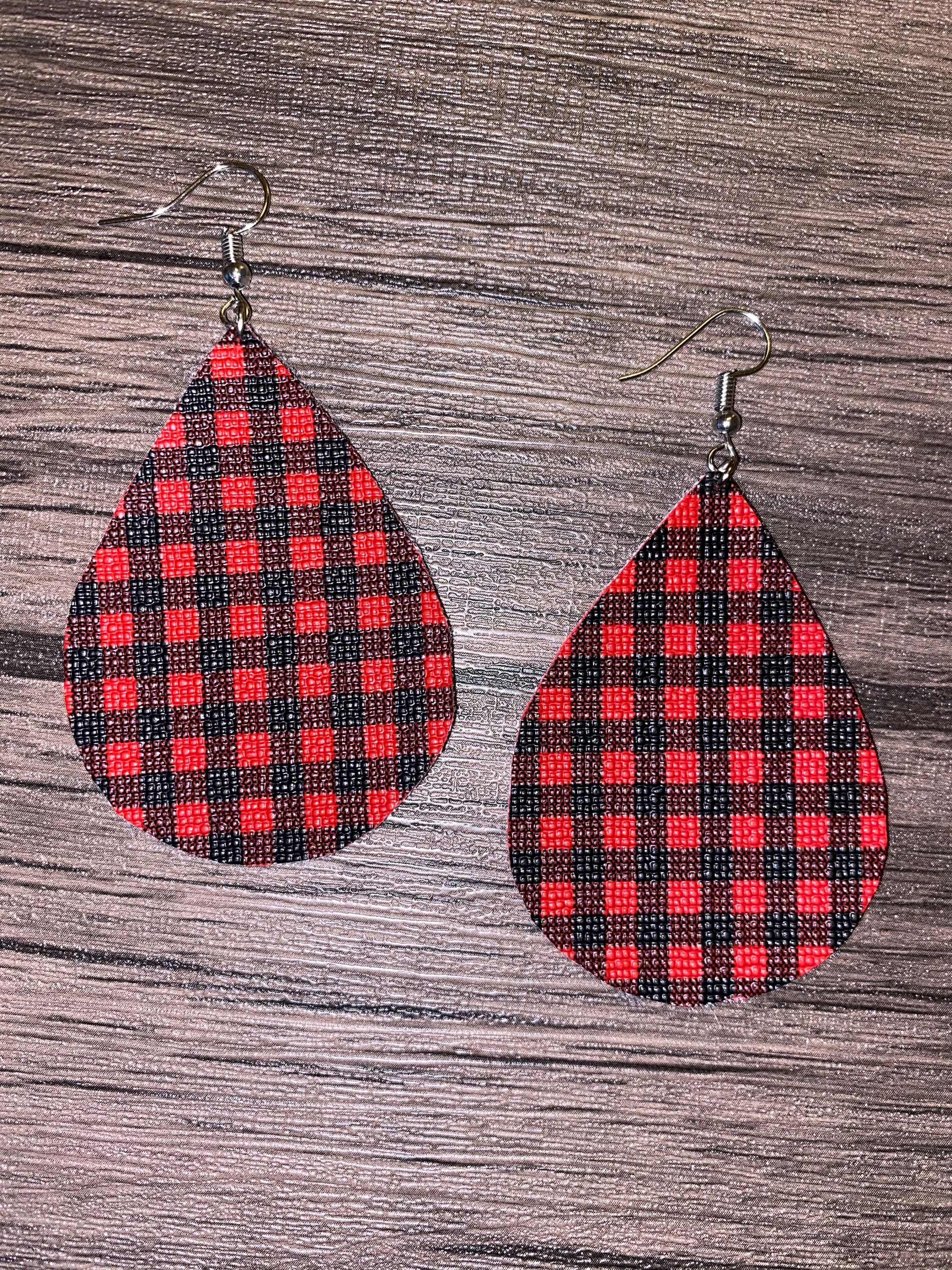 Red and Black Plaid Leather Earrings 