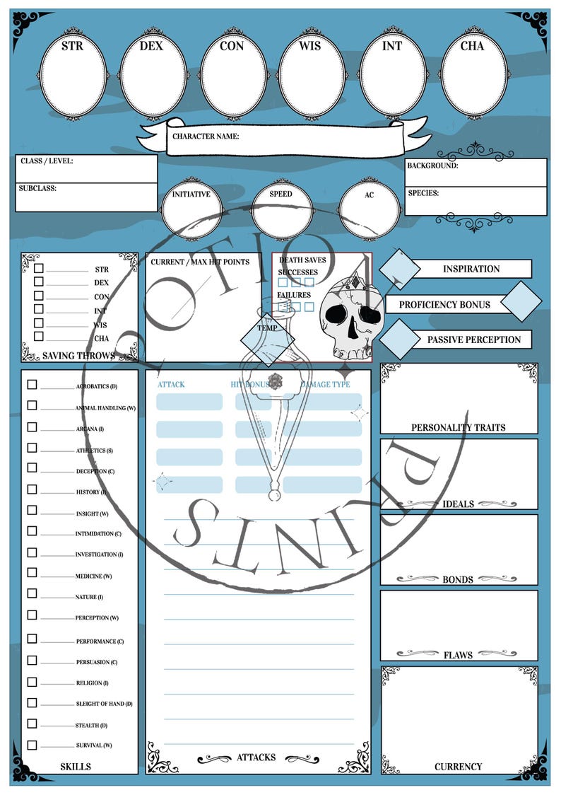 Dungeons and Dragons Character Sheet Printable Dnd5e Custom Design ...