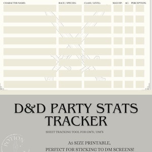 DMパーティートラッカー – 印刷可能なダンジョンマスターキャラクター統計シート | ダンジョンマスターツール | TTRPGダウンロード | プレイヤーの能力とキャラクターを追跡
