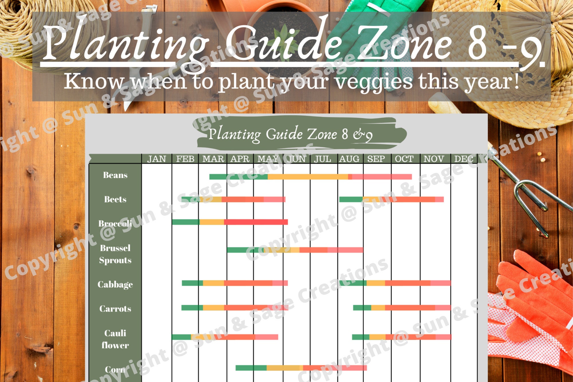 planting guide zone 8 9 printable downloadable vegetables etsy uk