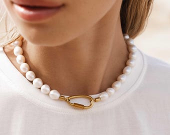 Pearl Carabiner Necklace 18K gold plated Waterproof 16" | Statement Pearl Necklace Chunky Pearl Necklace Statement Pearl Choker Big Clasp