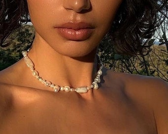 Pearl Choker 18K Gold Plated 16" Anti-tarnish Pearl Necklace Choker Freshwater Pearl Necklace Baroque Pearl Necklace Beach Necklace