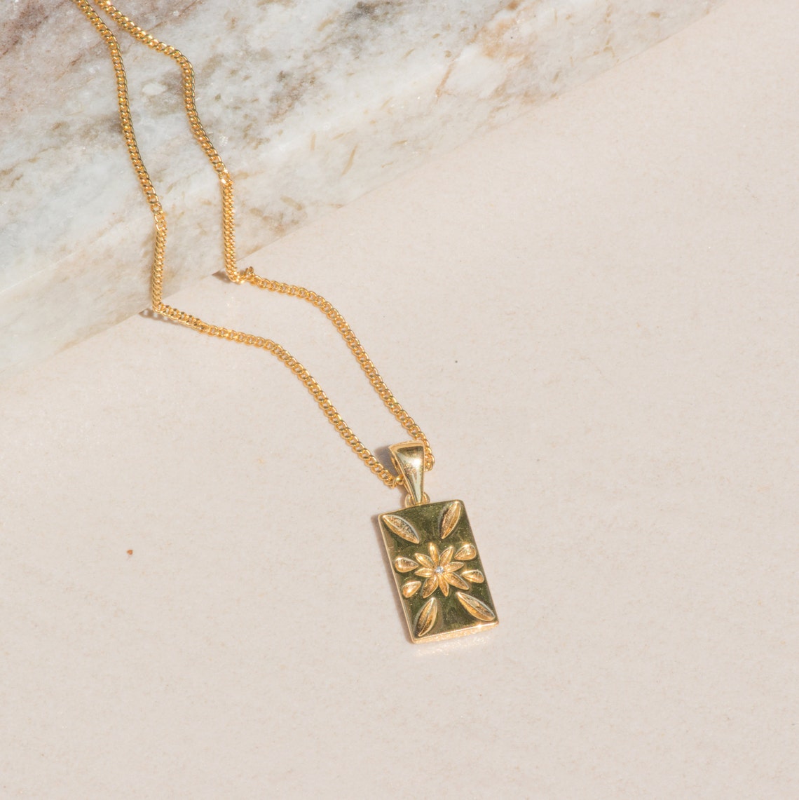 Square Pendant Necklace 18K Gold Plated Square Medallion Etsy