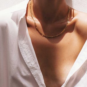 Figaro Chain Necklace: 18K Gold Plated Dainty Choker, 18&quot;, Adjustable Length