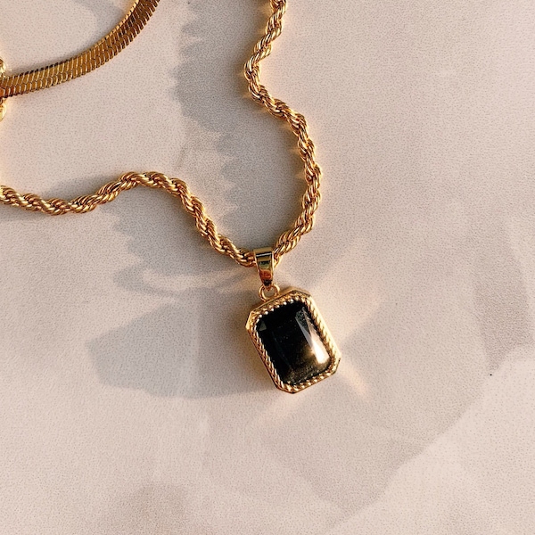 Black Onyx Necklace 18K Gold Plated Gemstone Necklace Black Necklace Birthstone Necklace Trendy Necklace Black Stone Necklace Gift for Her