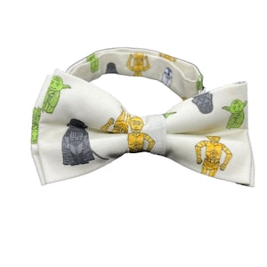 Rare Edition Handcrafted Stars Wars Figures on White Pre Tie Bow Tie Special Edition Stars Wars Bow Tie. Adjustable Neck Band Up To 19”.