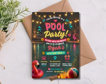 18th Birthday Invite, Glow Pool Party Invitation Editable Template, Printable Adult Birthday Party, Instant Download