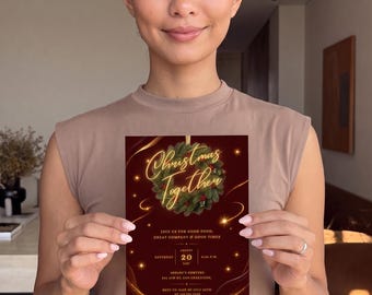 Elegant Christmas Invite, Holiday Rooftop Party Invite Gold Wreath, Printable Digital, Instant Download Canva