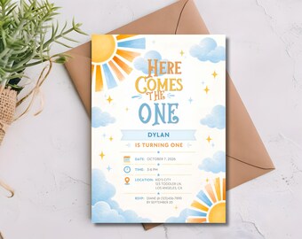 Here Comes the One 1st Birthday Invitation, Sun & Clouds Theme (Editable Canva Template)
