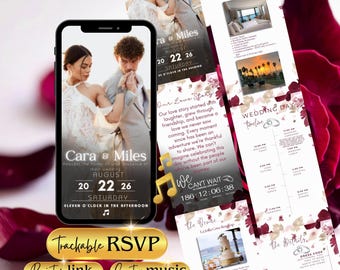 Luxurious Wedding Invitation, Merlot Wine Wedding Invite Template, Wedding Website with RSVP, Countdown Timer, Gift Registry, Canva Download