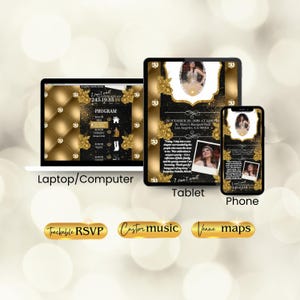 Può includere: Un laptop, un tablet e un telefono mostrano un design di invito nero e oro. L'invito include il testo "I can't wait" e i dettagli dell'evento. Il testo aggiuntivo include "Trackable RSVP", "Custom music" e "Venue maps".