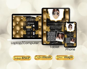 Gold Quinceanera Invite Website Template, Trackable RSVP and Location Link, Animated Invite with Timeline, Black XV Anos, Sweet 16 Invite