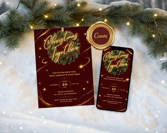 Elegant Christmas Invite, Holiday Rooftop Party Invite Gold Wreath, Printable Digital, Instant Download Canva