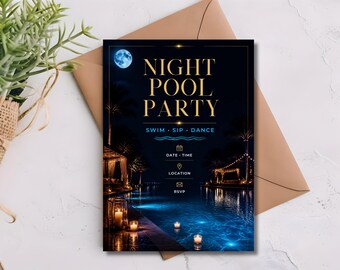 Night Pool Party Invitation Editable Template, Adult Moonlight Pool Party Invite Gold, Printable Digital, Instant Download Canva
