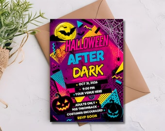 90s Halloween Party Invite, Neon Costume Bash, Editable Canva Template (Digital Download)