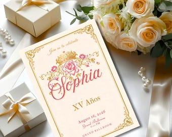 Elegant Quinceanera Invitation, Pink and Gold Invite Editable, Floral XV Años Invite, Canva InstantTemplate, Mis Quince, Sweet 15, Sweet 16