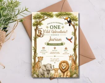 Safari 1st Birthday Invitation, Jungle Animal Party, Editable Canva Template (Digital Download)