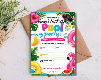 Pink Pool Party Invitation Editable Template, Tropical Flamingo Birthday Invite, Printable Girls Birthday Party, Instant Download