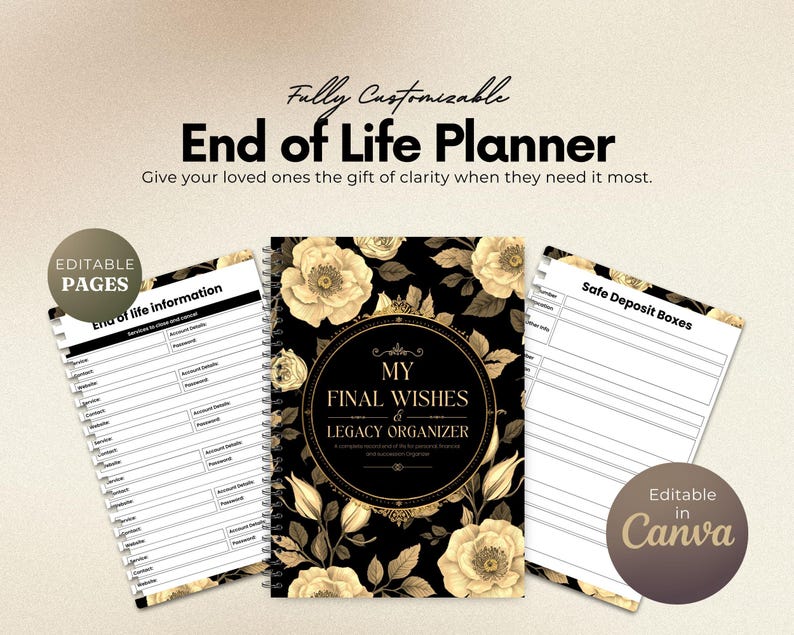 May include: An End of Life Planner with editable pages, featuring a black cover with gold floral designs and the text "My Final Wishes & Legacy Organizer." Includes pages for safe deposit boxes and end-of-life information.