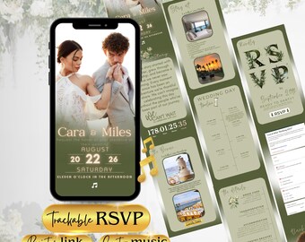 Luxurious Wedding Invite, Olive Green Wedding Invitation, Animated Wedding Website with RSVP, Countdown Timer, Gift Registry, Custom Music