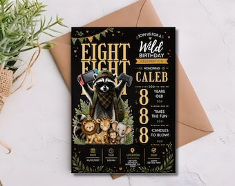 8th Birthday Gamer Raccoon Invitation, Black Gold Wild Party (Canva Template)