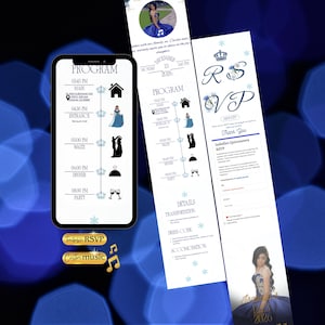 May include: A smartphone displays a quinceañera event program with a schedule, icons, and the text "PROGRAM." Additional event details are on a separate card, including RSVP information and a photo of the quinceañera. The design is in blue and white.