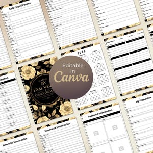May include: A collection of printable legacy organizer pages with a floral design. The pages include sections for financial, insurance, and personal information, as well as safe deposit boxes and end-of-life details. The cover features the text "My Final Wishes Legacy Organizer."