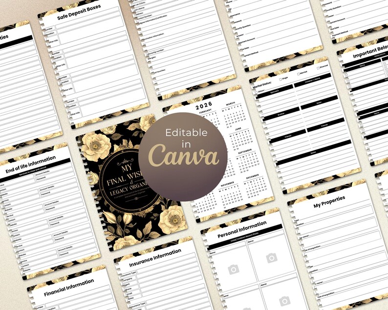 May include: A collection of printable legacy organizer pages with a floral design. The pages include sections for financial, insurance, and personal information, as well as safe deposit boxes and end-of-life details. The cover features the text "My Final Wishes Legacy Organizer."