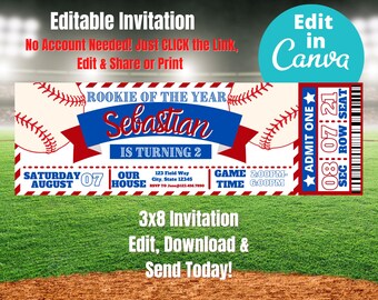 Editable Baseball Ticket Birthday Invitation Instant Digital Download Invitation Electronic Evite Print or Share Any Age Party All American