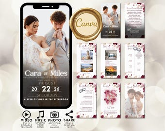 Animated Wedding Invitation Video, Wine Wedding Invite, Custom Bridal Evite, Easy to Edit Template with Music, Burgundy Theme