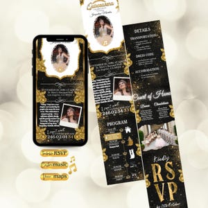May include: A black and gold Quinceañera invitation design with a photo of the celebrant. The invitation includes event details, RSVP information, and a program schedule. The design features floral accents and the text "Kindly RSVP by 15th October."