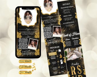Gold Quinceanera Invite Website Template, Trackable RSVP and Location Link, Animated Invite with Timeline, Black XV Anos, Sweet 16 Invite