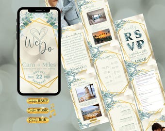 Eucalyptus and Gold Wedding Invite, Luxurious Wedding Invitation, Wedding Invite Template with RSVP, Countdown Timer, Gift Registry