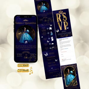 May include: A navy blue digital invitation and RSVP set for Isabella's Quinceañera. The design features a photo of a girl in a blue gown, gold accents, and butterfly graphics. Includes event details and a custom music option.