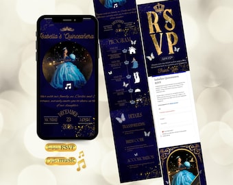 Blue Gold Quinceanera Website Invitation, Animated Timeline, Trackable RSVP (Digital Download)
