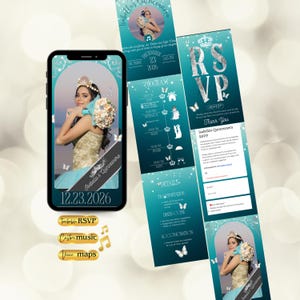 Sweet 15 Invitation Website Template, Trackable RSVP and Location Link, Animated Invite with Timeline, Teal XV Anos, Instant Download