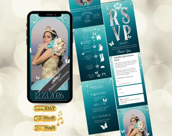 Sweet 15 Invitation Website Template, Trackable RSVP and Location Link, Animated Invite with Timeline, Teal XV Anos, Instant Download