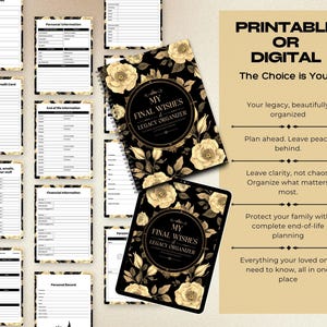 May include: A black and gold legacy organizer with floral accents. The cover reads "My Final Wishes & Legacy Organizer." The image also shows printable pages for personal information, financial details, and more. The text says "Printable or Digital."