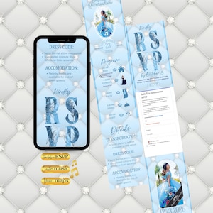 Op de afbeelding: Een lichtblauwe quinceañera-uitnodigingsset met een smartphone, RSVP-kaart en programma. De uitnodiging bevat details zoals de dresscode, accommodatie en het evenementenschema. De RSVP-kaart heeft een invulformulier. De datum is 23 december 2026.