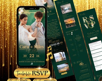 Luxurious Wedding Invitation, Emerald Wedding Invite Template, Wedding Website with RSVP, Countdown Timer, Gift Registry, Canva Download