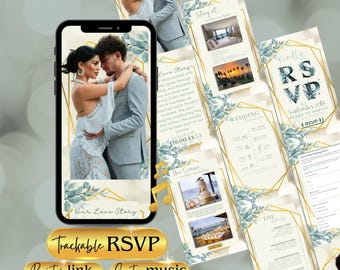 Luxurious Wedding Invitation, Eucalyptus Wedding Invite Template, Sage Green Invite Website with RSVP, Countdown Timer, Gift Registry, Canva