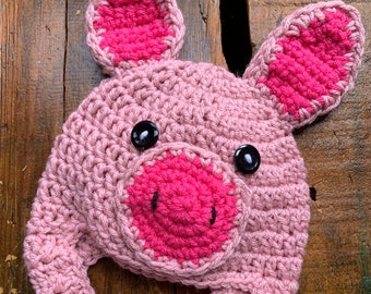 Hand-made crochet pig hat, newborn to adult