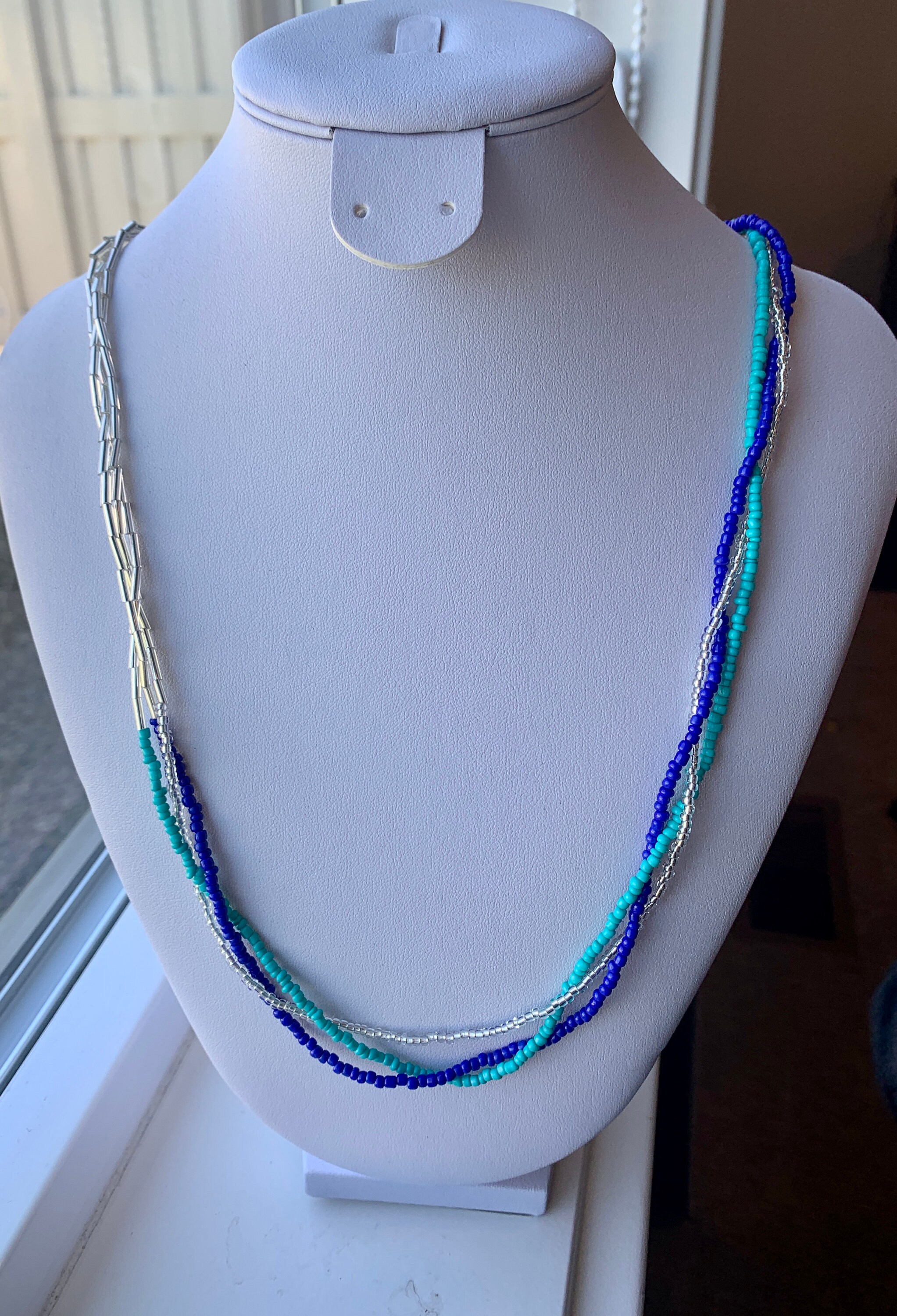 Long Seed Bead Necklace for Women Blue & Silver Beads Toggle Etsy