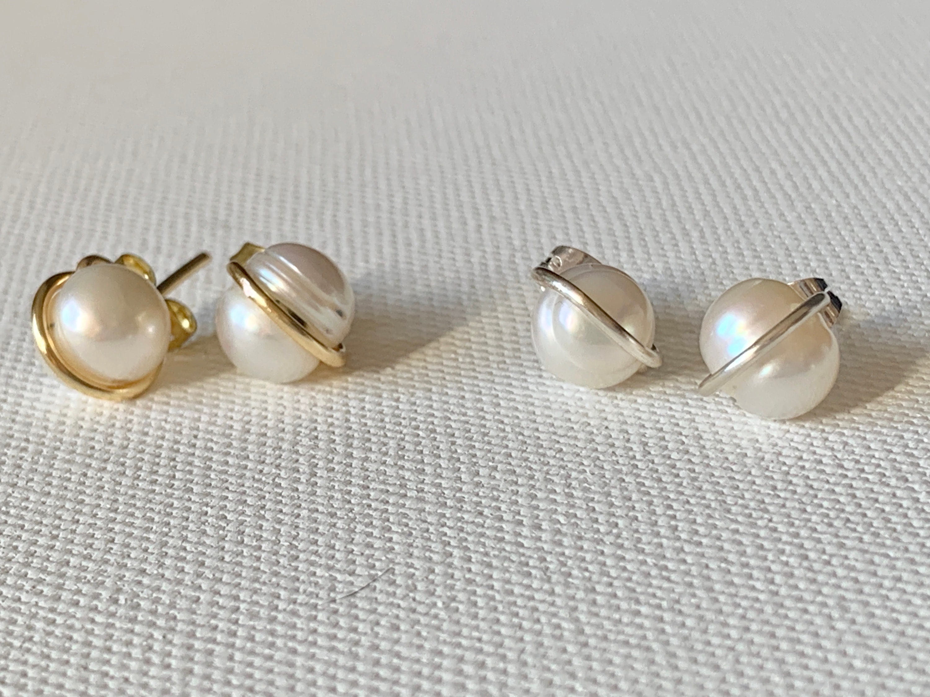 Simple Pearl Studs Gold or Silver Wire-wrapped Studs | Etsy